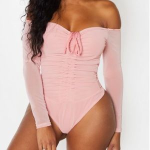 Dusty Pink Mesh Long Sleeve Ruched Bodysuit